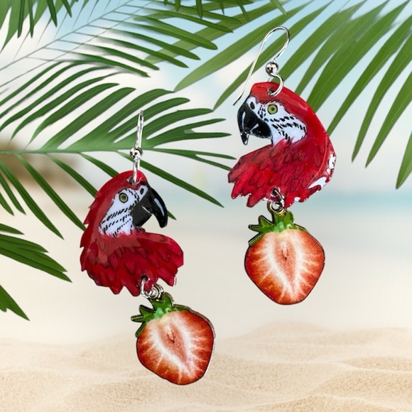 Jewelry - Handpainted scarlet macaw earrings strawberry charm sterling wires OOAK
